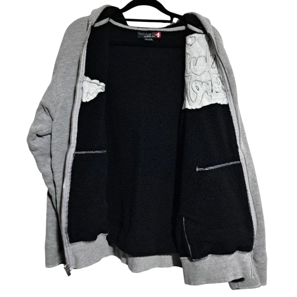 Quiksilver Zip Up Hoodie‎ Boys XL Vtg Y2K Gray Waffle Knit Sherpa Lined Graphic